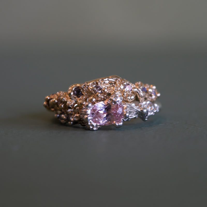 Seafoam Ring with Pink Sapphire and Salt and Pepper Diamonds